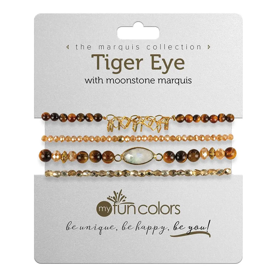 Gemstone Bracelet Set -  Tiger Eye with Moonstone Marquis and Gold accents - MR1210G