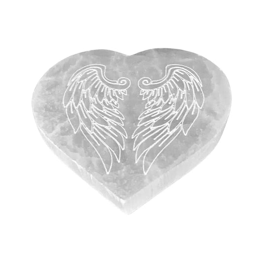 The Hare and the Moon Crystals Selenite Charging Plate, Heart, Etched, 8cm - SEL9