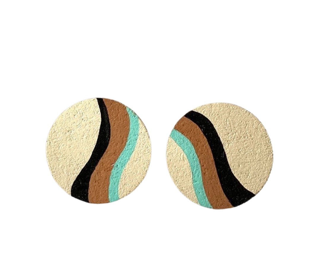 Ivy and Ginger Earrings 70’s Brown Wave Print Studs - GN101