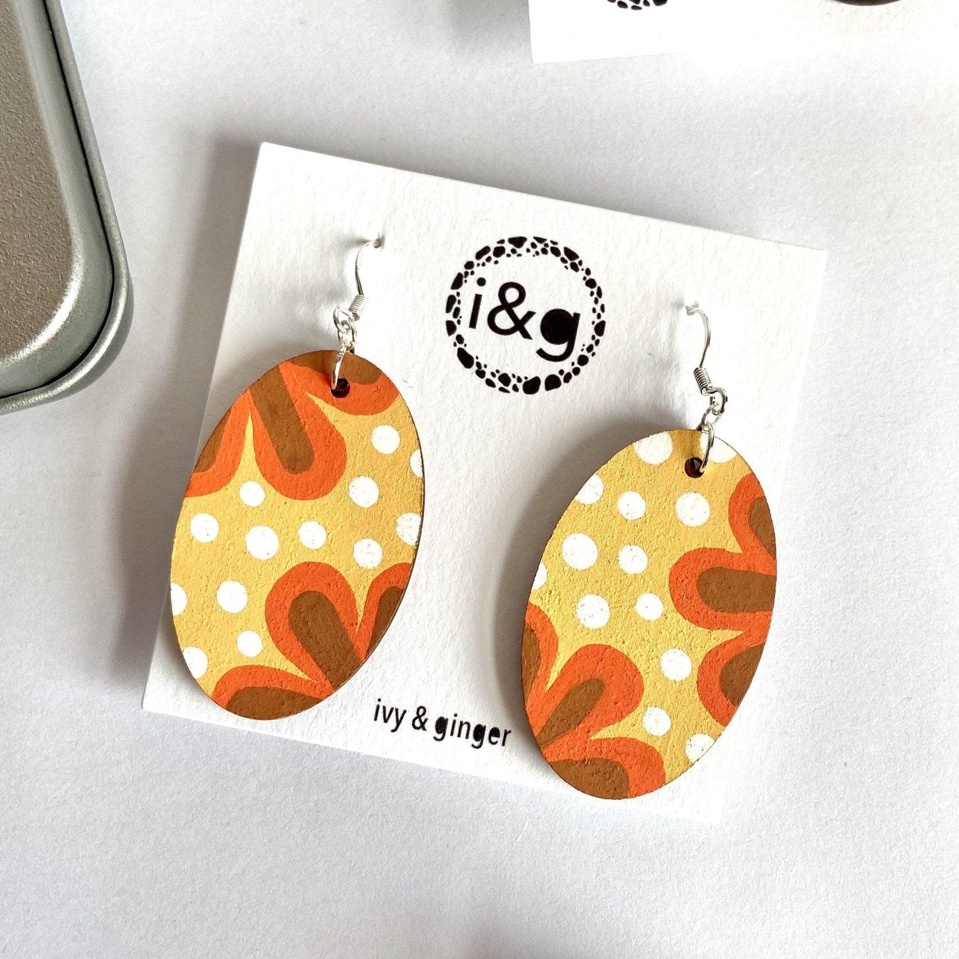 Ivy and Ginger Earrings 70’s Retro Floral Print Oval Dangles - GN1