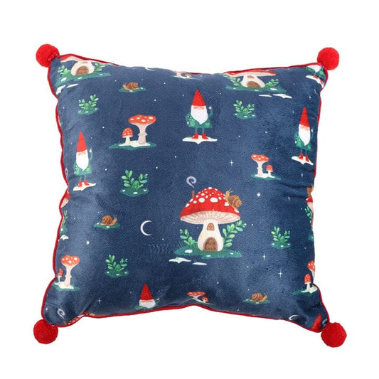 Jones Home & Gift Cushions 35CM SQUARE GNOME PRINT CUSHION WITH POM POMS