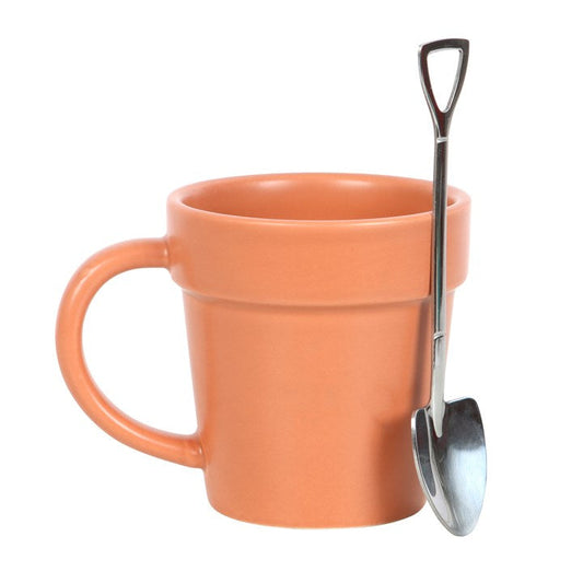 Jones Home & Gift mugs PLAIN PLANT POT CERAMIC MUG AND SHOVEL SPOON