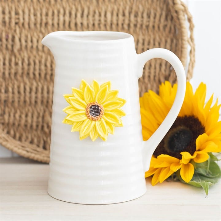 Jones Home & Gift Kitchen Bits & Bobs HELLO SUNSHINE CERAMIC FLOWER JUG WITH 3D SUNFLOWER