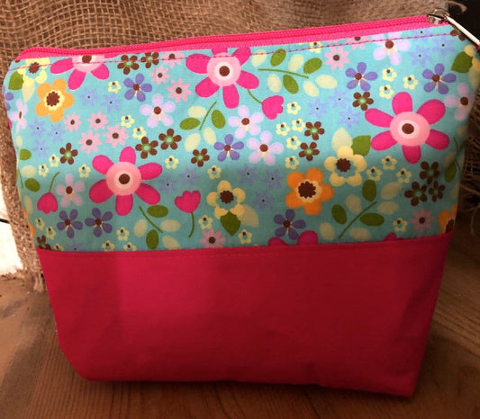 Miss Pretty London Toiletry Bags Handmade Cotton Toiletry Makeup Bag - Blue Retro Flowers