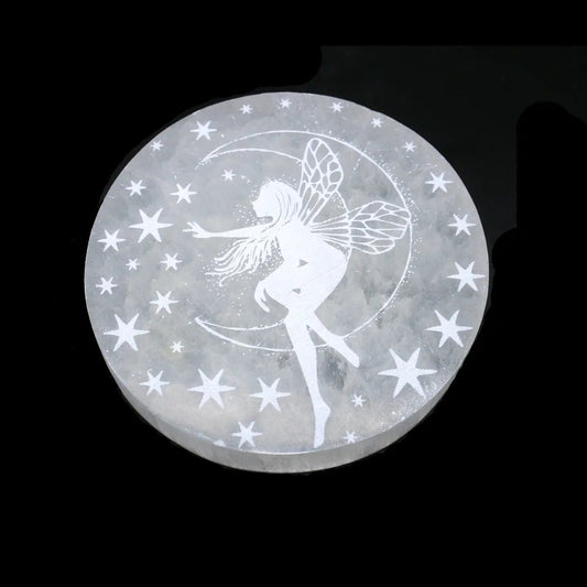 The Hare and the Moon Crystals 4 inch Fairy Round Selenite Charging Moroccan Plate - Stone of Cleansing & Neutralising - SEL1