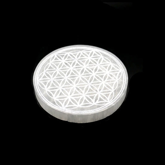 The Hare and the Moon Crystals 4 Inch Flower of Life Round Selenite Charging Moroccan  - Stone of Cleansing & Neutralising - SEL3