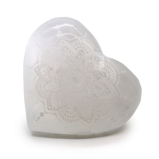 The Hare and The Moon Crystals Selenite Engraved Heart Stone - Stone of Cleansing & Neutralising - SEL77