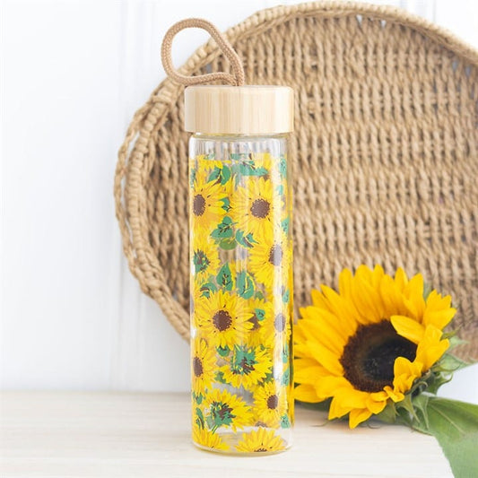 Jones Home & Gift Water Bottles Sunflower Print Glass Water Bottle - 5056131160637