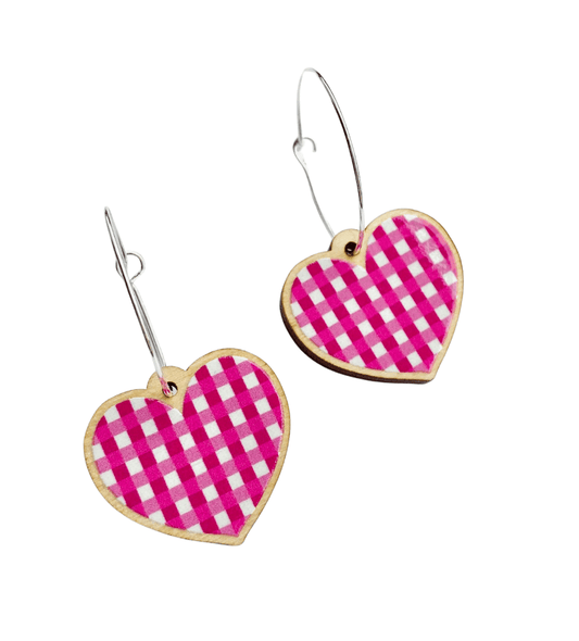 Ivy and Ginger Earrings Wooden Pink Gingham Heart Hoop Earrings - GN132